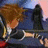 Pixelated static image of a figure with brown hair and orange clothing leaning over a dark blue surface, set against a gradient background.