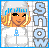 Pixel art contact sheet showing a 3x2 grid of animated frames featuring a blonde character in winter attire with changing text elements.