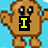 Pixelated brown character with large eyes and outstretched arms against light blue background, displaying text or symbols on its chest.