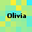 Four identical pixelated text instances of 'Olivia' on a of green and blue squares with yellow accents
