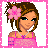 Pixel art icon of a cartoon woman with brown hair, pink flower accessory, and pink dress against white background with pink border.