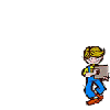 Pixelated cartoon characters in various poses holding clipboards and a blue tray against gray background.