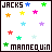 Pixelated graphic with 'JACKS' and 'MANNEQUIN' text, multiple colored stars in two distinct arrangements.