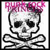 Black-and-white skull with crossbones graphic overlaid with pink text reading 'punk rock PRINCESS' in pixelated font.
