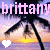 A static image shows repeated palm trees against a sunset sky with the text 'brittany' in alternating pink and white letters, interspersed with small heart symbols.