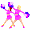 Two cheerleaders in pink outfits holding blue and pink pom-poms, one with red hair and one with blonde hair, standing in a dynamic pose.