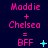 Animated sequence showing 'Maddie + Chelsea = BFF' text with changing symbols and dots on dark blue background.