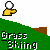Pixelated animation of a yellow figure with white head on green slope, performing grass skiing actions with text "Grass Skiing" below.
