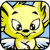 Pixelated yellow cartoon cat face with closed eyes, large white pupils, black nose, and light brown inner ears against a blue background.
