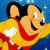 Pixelated static image of two cartoon characters in a close embrace against a blue background, with one character wearing a yellow outfit and red accents.