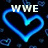 Pixelated blue heart outline with white text 'WWE' above it on a black background with scattered blue pixels.