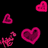 Four pink pixelated heart shapes and a small floral design on black background, arranged in scattered positions.
