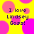 Yellow background with pink circles and squares; text "I love Lindsey Goss!" in dark purple pixelated font; four identical text blocks arranged in a