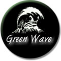 Static circular icon with black background featuring white wave and text design.
