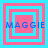 Four identical square arranged in a , each containing layered pink and cyan squares with blue text reading MAGGIE