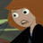 Pixelated cartoon character with brown hair and wide eyes on left, orange background with black text blocks on right.