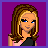 A 4-frame pixel art contact sheet showing a female character with brown hair, blue eyes, and black clothing against a purple background, including full-body views and text display.