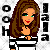Pixelated character with long brown hair, green eyes, red lips, and a black choker necklace wearing a black-and-white striped top over orange skin.