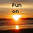 Sunset over water with text 'Fun on the Beach' in pixelated font, showing animation changes across four