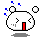 Two pixelated white shapes with red doors, black outlines, and blue square particles float against a gray background; the left shape has open eyes while the right has closed eyes.