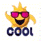 Pixelated sun icon with pink sunglasses and black mouth, below which is the word 'cool' in dark blue block letters.