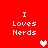 Red background with four identical 'I Loves Nerds' text blocks and two heart icons in white and pink pixel art style.