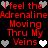 Red text on black background reads "I feel the Adrenaline Moving Thru My Veins" with alternating gray and white heart symbols.