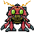 Pixel art character with pink body, green eyes, and yellow antennae in two poses against gray background.
