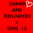 Red background with black pixelated text reading 'SARAH AND BENJAMIN = OMG <3', where the left version includes a white heart symbol next to SARAH.
