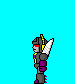 Pixelated character with dark armor, purple accents, and white wings performs walking, crouching, and shooting animations against a bright blue background.