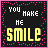 A 6-frame animated contact sheet of a pixel art buddy icon with the text "YOU MAKE ME SMILE" in varying colors and effects across frames, set against a black background with pink dotted border.