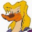 Pixelated cartoon character with long yellow hair, orange mouth, and purple clothing against a white background.