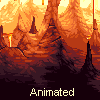Pixel art landscape of rocky formations under an orange sky with a dark foreground, labeled 'Animated' at the bottom.