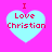 Four identical light blue hearts on a bright pink background, each containing red text reading "I Love Christian" with the letter I positioned above the heart.