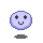 Pixelated circular icon with light purple face, black eyes and mouth, pink cheeks, dark gray shadow on gray background.
