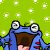 Animated contact sheet of a blue cartoon frog character with wide eyes and open mouth performing jumping motion across seven frames on green starry background.