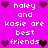 Pixelated text on bright pink background with dark purple and brown heart icons, repeating 'haley and kasie are best friends' in white block letters.