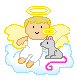 Pixelated angel with blonde hair, yellow wings, and golden halo sits on cloud holding gray mouse; pink curved line beneath.