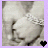 Pixelated static icon showing two abstract figures holding hands against a light background with a small black heart symbol in the corner.