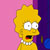 Pixelated yellow cartoon character with spiky hair, wide eyes, open mouth showing teeth, and a pearl necklace against pink and purple background.
