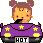 Pixel art character with brown pigtails and pink hair ties, wearing a purple outfit with yellow stars and squares, holding a black object near the mouth.