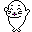 Two pixelated white ghost-like figures with black outlines stand side-by-side on a gray background; left figure has raised arms and pink nose, right figure holds object in hand.