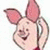 Animated cartoon pig with pink ears and snout, smiling expression, red clothing, black text boxes over eyes in different frames.
