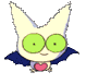 Pixelated cartoon character with large green eyes, white ears, blue cape, and pink heart-shaped object held in hands.