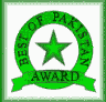 Green circular emblem with 'BEST OF PAKISTAN AWARD' text, star symbol, and animated flag waving