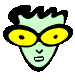 A green-skinned cartoon character with black hair wears multiple styles of yellow star-shaped sunglasses , showing varied mouth expressions from closed to smiling