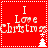 Red square icon with white text "I Love Christmas" and small tree symbols, divided into four quadrants by dotted lines.