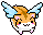 Pixel art of a small orange and white creature with pink cheeks, black eyes, and light blue wings against gray background.