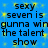 Blue background with yellow pixelated dots, black text repeating 'sexy seven is gunna win the talent show' in two