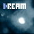 Pixelated 'DREAM' text in blue and white above a glowing light source on a dark, cloudy background with subtle particle effects.